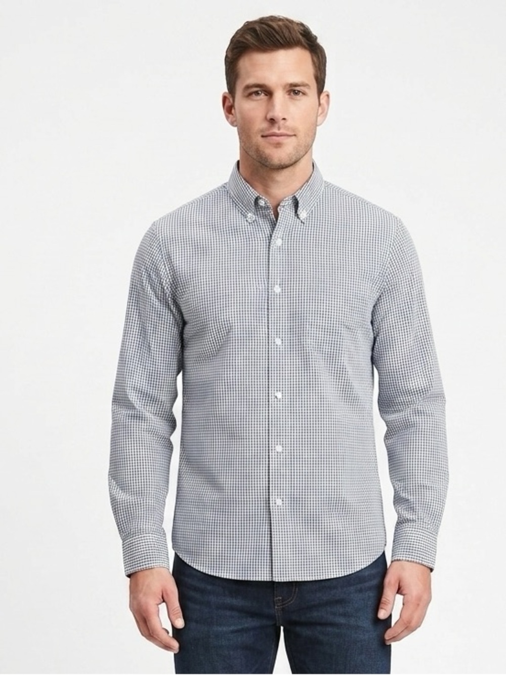 GAP Cotton Button Down Pocket Shirt White Blue Black Micro Check L Slim $45 EUC